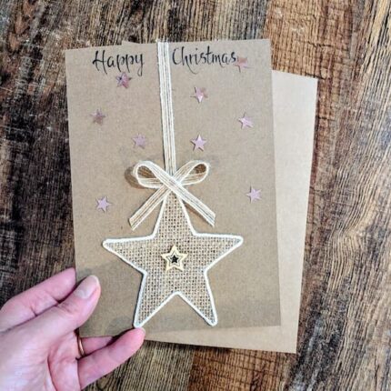 Handmade Rustic Christmas Card with Burlap Star and Bow.