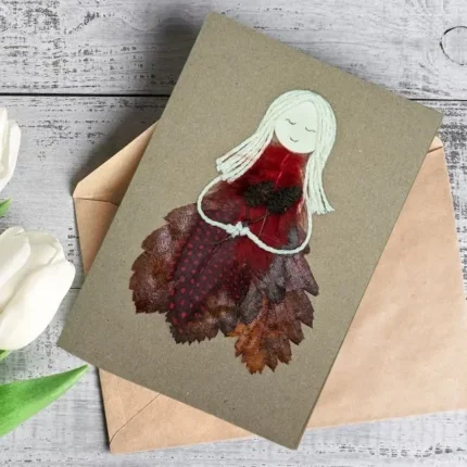 Cute Romantic Handmade Card - Sweet Love Card made of brown leaf and red feathers.