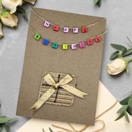 Handcrafted Birthday Card with Wooden Beads and Gift. Celebrate with this Unique Artisan Greeting Card.