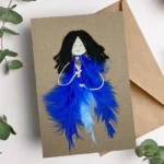 Handmade 40th Birthday Card for her made of blue feathers on brown paper with envelope.