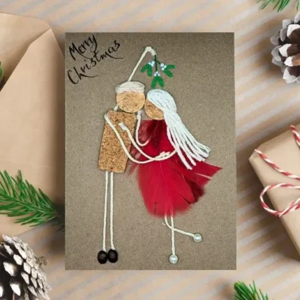 Handmade personalised Christmas card for couples under mistletoe - Ideal for Special Couples. Made of red feathers and cork. Personalised Christmas Couple Card - Xmas card for a special couple.