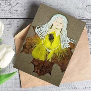 Handmade Feathered Card for Her mad of big dry leaf and yellow bright feathers.