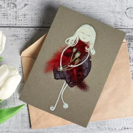 Handmade Personalised Autumn Leaf Card for Her featuring a girl in a red dress adorned with feathers, designed for a personalized touch.