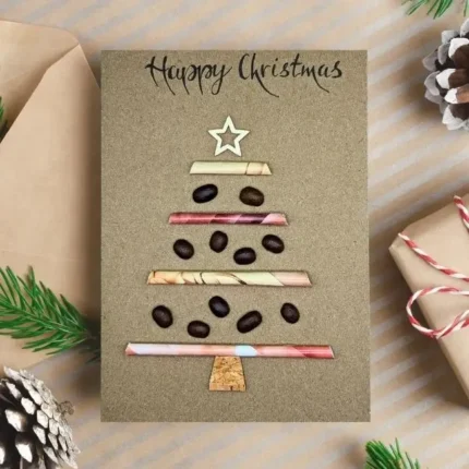 Handmade personalised Christmas Tree card made of coffee beans, wooden star and cork.