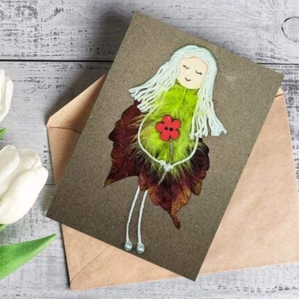 Handmade unique and wistful card for her with yellow feather, leaf and red flower.