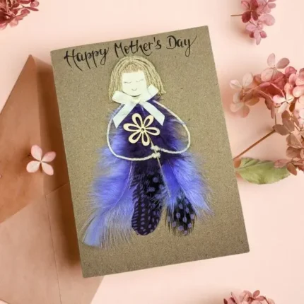 Personalised Luxury Handmade Card for Mother's Day made of blue feathers on brown paper.