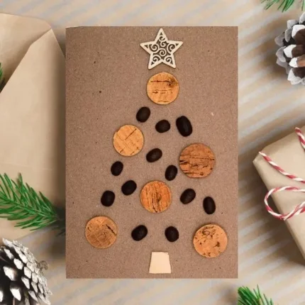Beautifully designed Seasonal Handcrafted Christmas Card made from cork and coffee beans - it's called 'Natural Joy'.