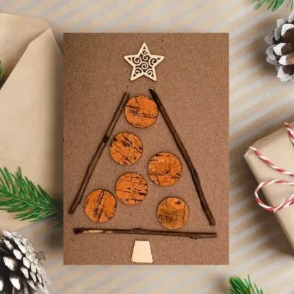 Seasonal Handcrafted Christmas Card made from cork, coffee beans and wooden star.