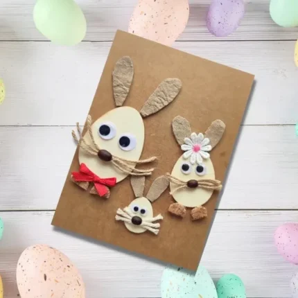Unique handmade cute bunny Easter card showcasing a bird and eggs, with a cute bunny theme, perfect for family celebrations.