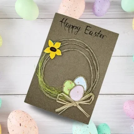 Unique handmade personalised easter card with a vibrant pastel-painted wooden eggs adorned with intricate floral designs.