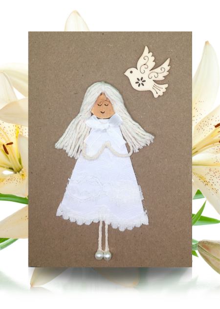 A card featuring a white dove and a girl in a white dress, part of the handmade Holly Communion cards collection.