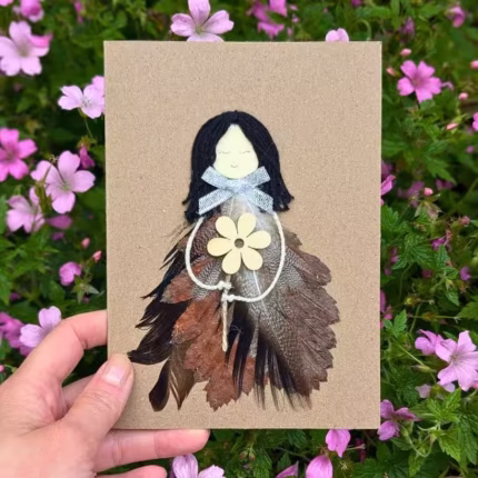 Handmade birthday card for her featuring a girl in a feather headdress, personalised for a unique and special celebration.