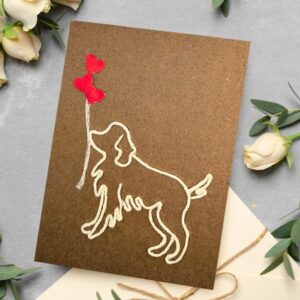 Handmade dog card with heart balloons – unique embroidered design for dog lovers, perfect greeting card gift.