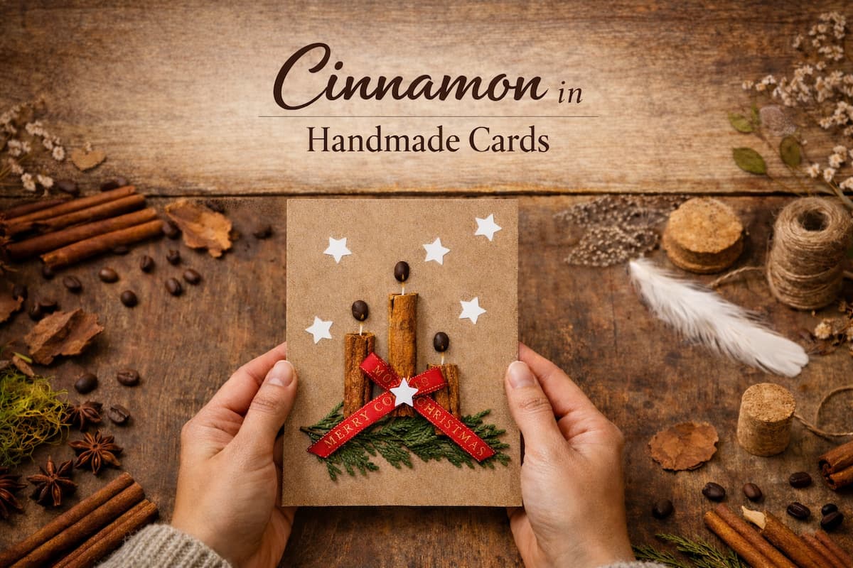 Cinnamon in Handmade Cards banner showing hands holding a handmade Christmas card with cinnamon sticks and coffee beans on a rustic table with cork, feathers, dried leaves, and cinnamon.