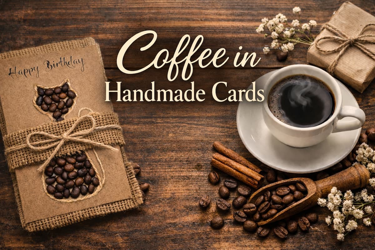 Coffee in handmade cards shown as a rustic handmade birthday card wrapped in burlap and tied with string, decorated with real coffee beans, placed beside a steaming cup of coffee and natural materials.